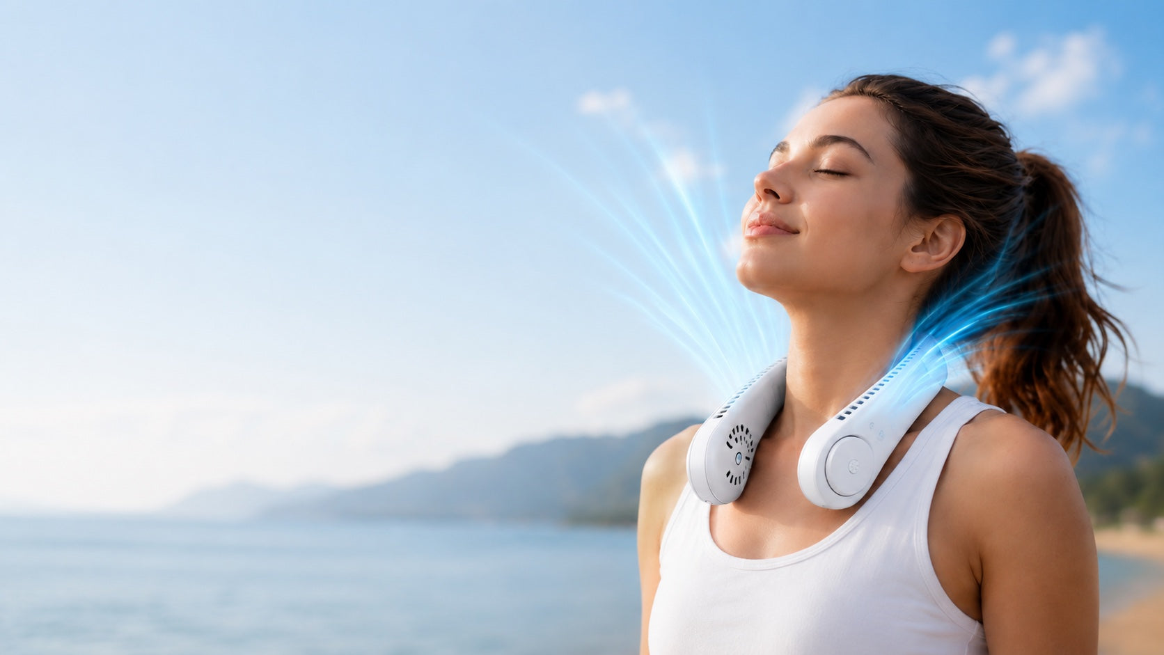 A woman by the coast enjoying cool airflow from the ARCTEZIA bladeless neck fan